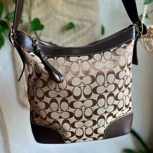Coach F2K-6346 Signature Stripe Hobo Bag Brown Leather Trim Crossbody Shoulder